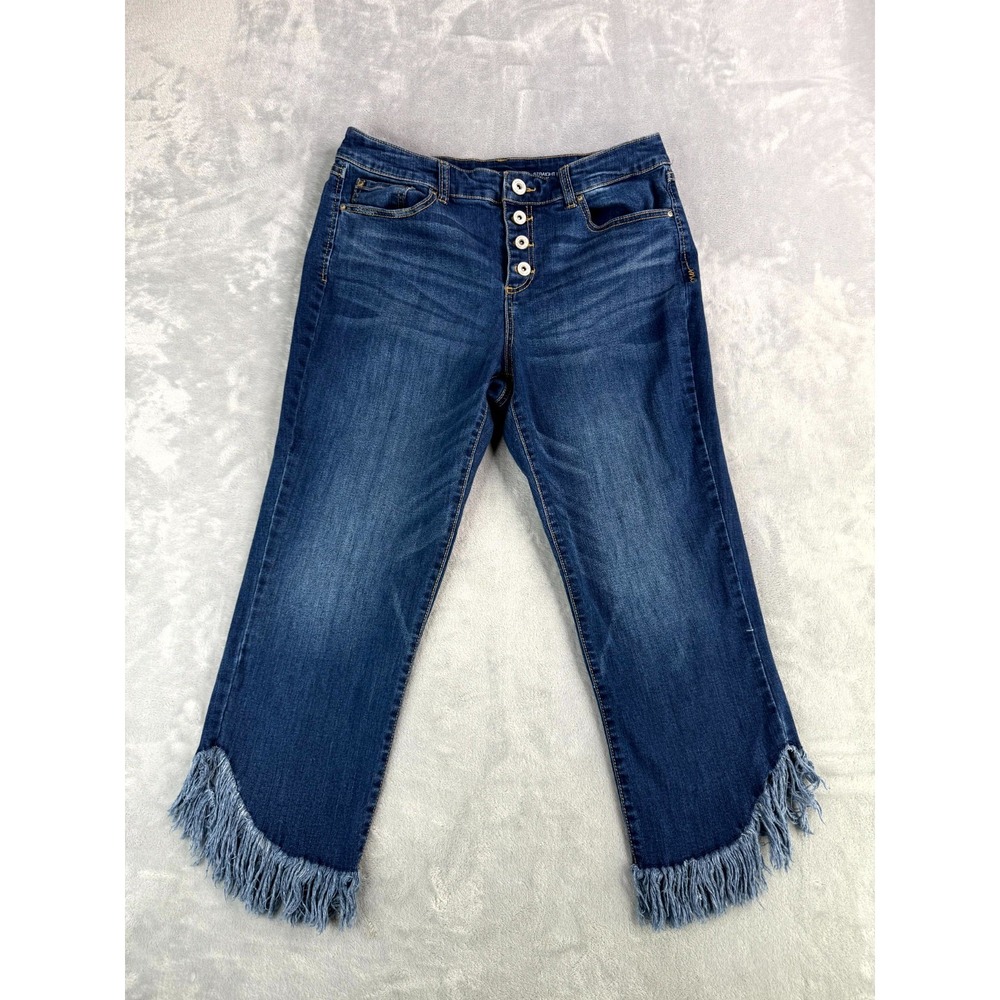 INC International Concepts Straight Leg Jeans Womens 14P Blue Cotton Fringe Hem
